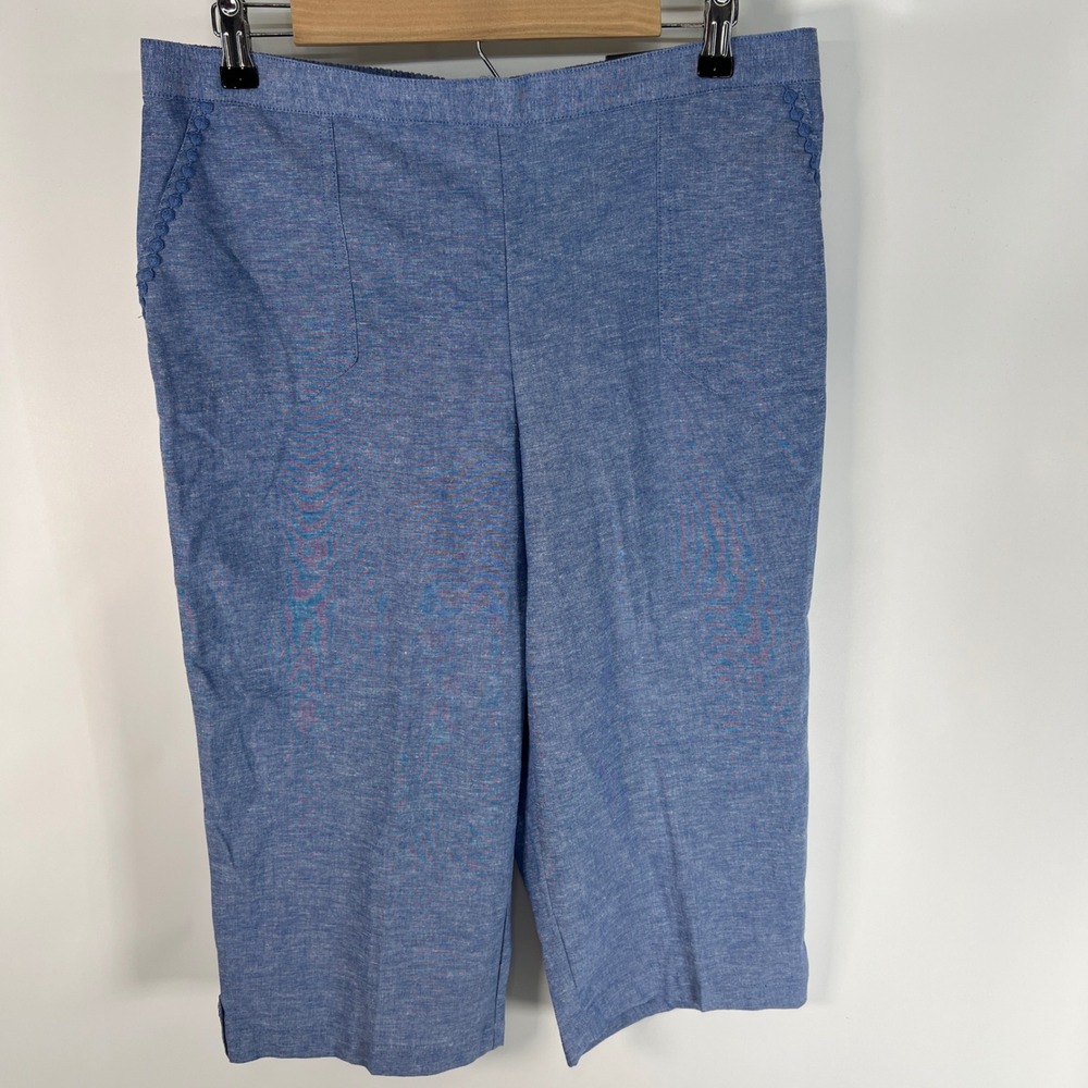 Alfred Dunner Ann Arbor Capri Pants Cornflower Blue Linen Blend Embroidered 12P
